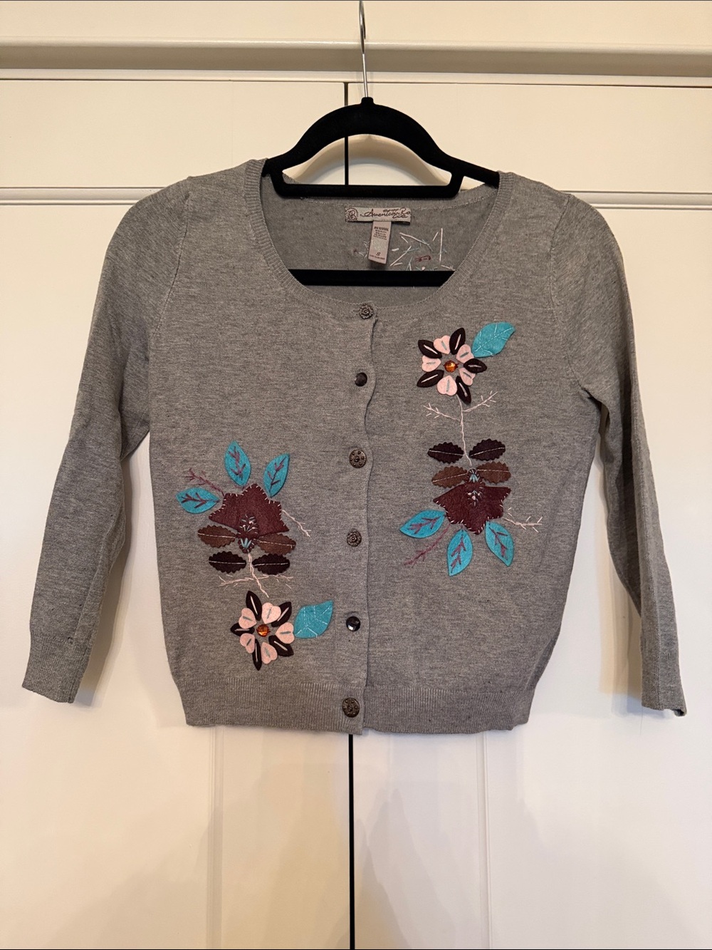 Gray Floral Embroidered Cardigan Sweater